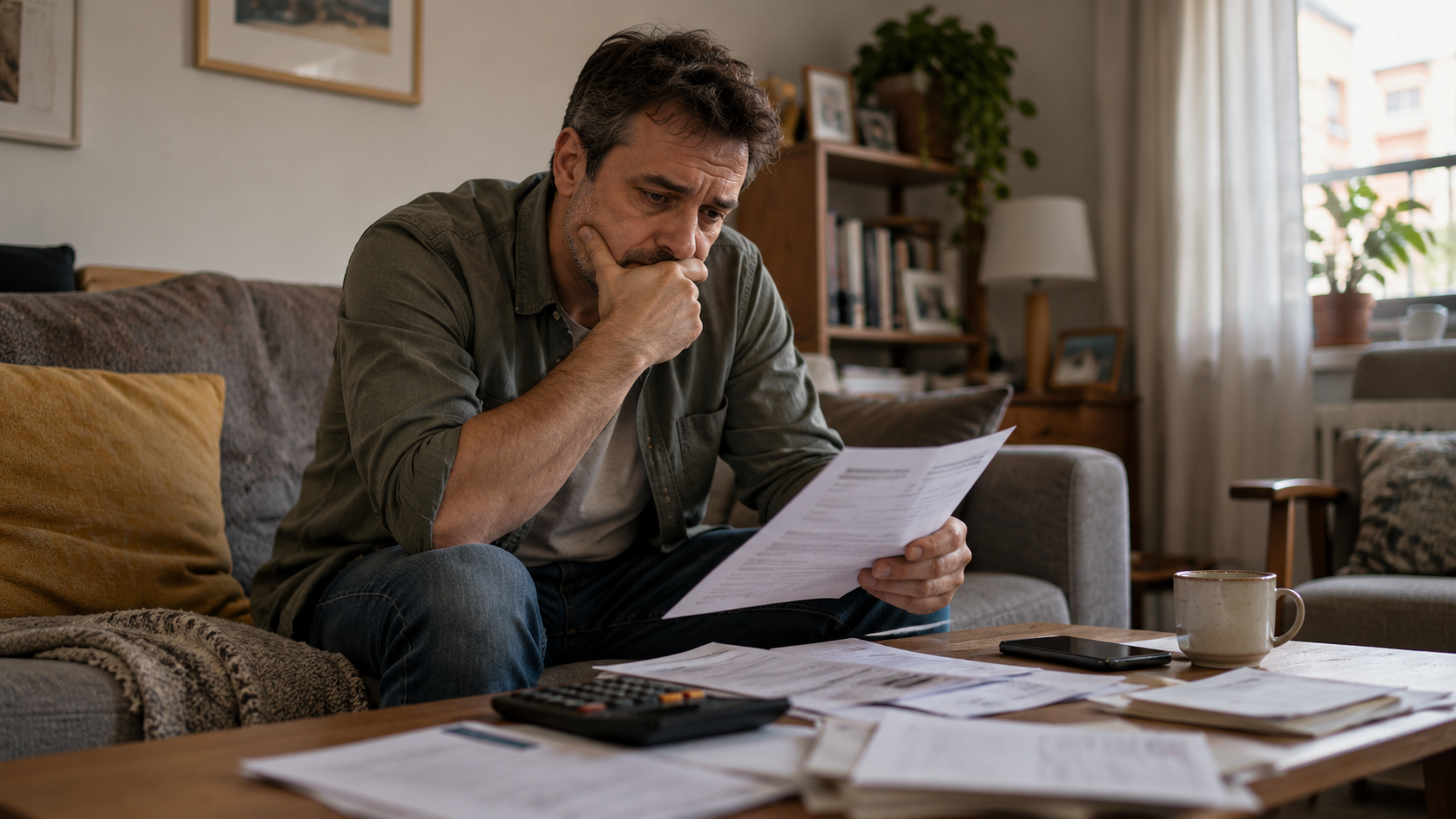 Hombre de mediana edad en el salón de su casa revisando facturas, con una calculadora y recibos sobre la mesa