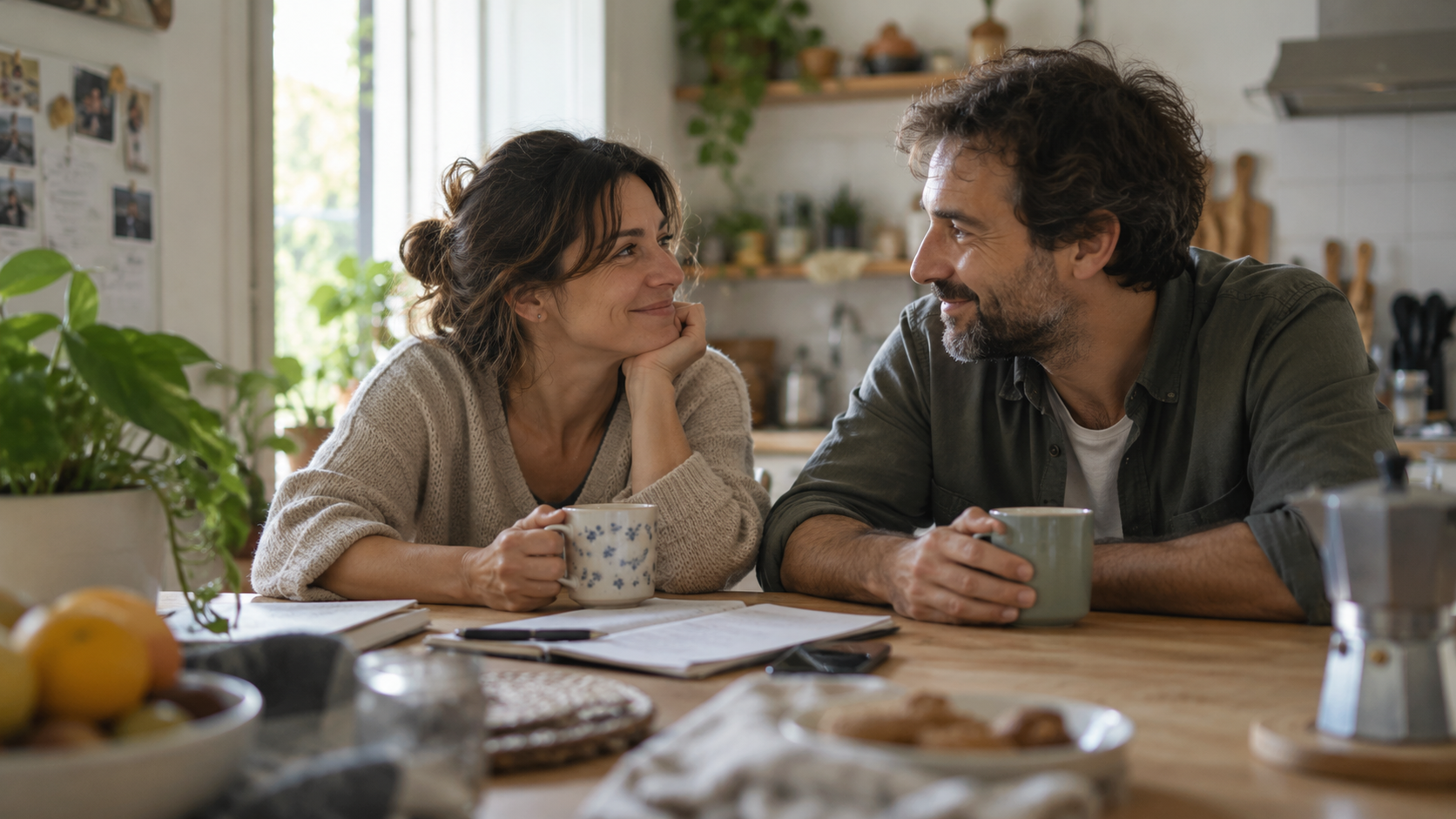 Pareja sonriendo en casa con un café, tranquila tras cerrar su deuda